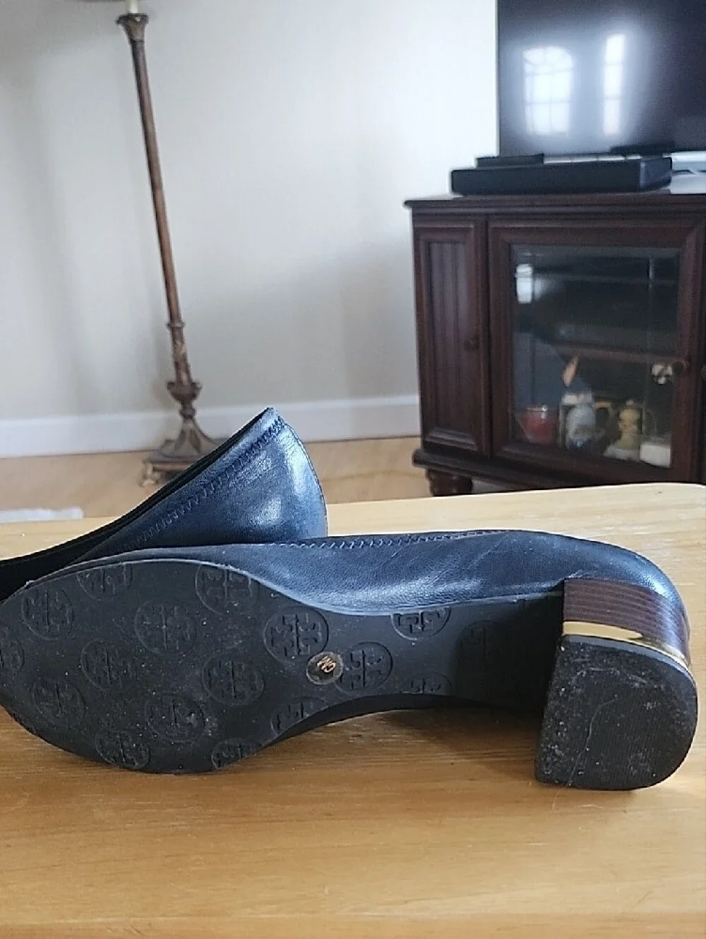 Tory Burch Black Leather Block Heel Pumps with Gold Medallion